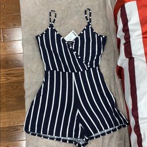NAVY BLUE AND WHITE STRIPED V-NECK ROMPER